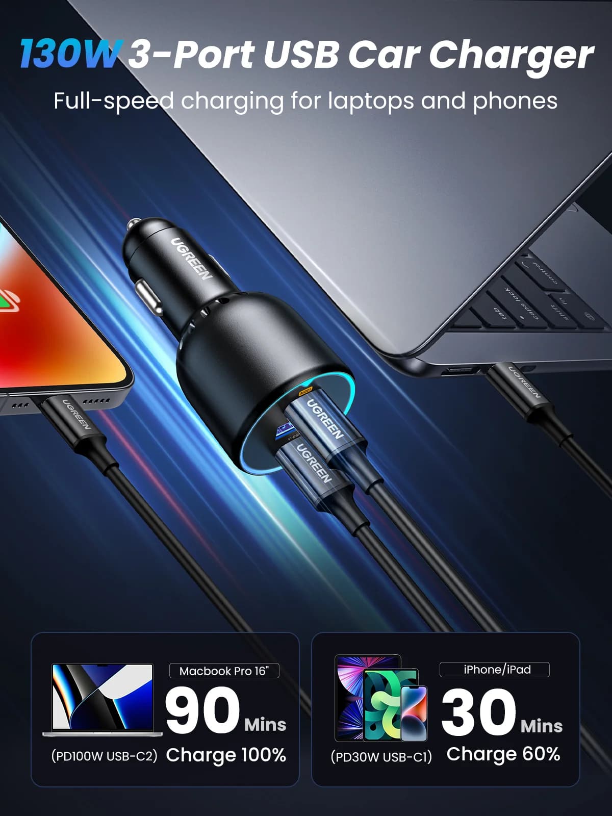 PD 케이블 포함 130W USB-C 차량용 고속 충전기