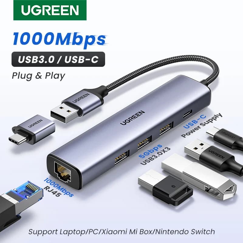 1000Mbps RJ45 및 USB 허브 포함 USB-C 이더넷 어댑터