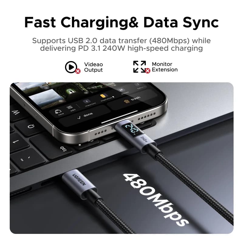 디지털 전력 디스플레이가 포함된 240W USB-C 케이블