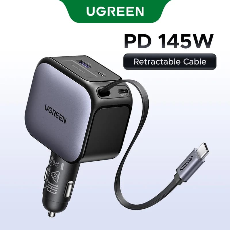 3개 USB-C 포트 및 리트랙터블 케이블 포함 145W 차량용 충전기