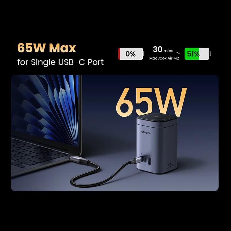 65W GaN 데스크톱 충전기 Qi2 무선 스탠드 포함